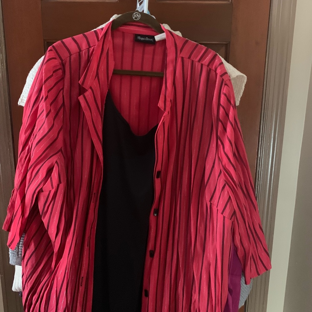 Red striped button down top with black camisole
